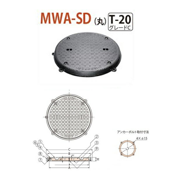 カネソウ マンホール・ハンドホール鉄蓋 断熱形 密閉形（防水・防臭形） ボトルロック式 丸枠 MWA-SD（丸） 450 T-20 グレードC