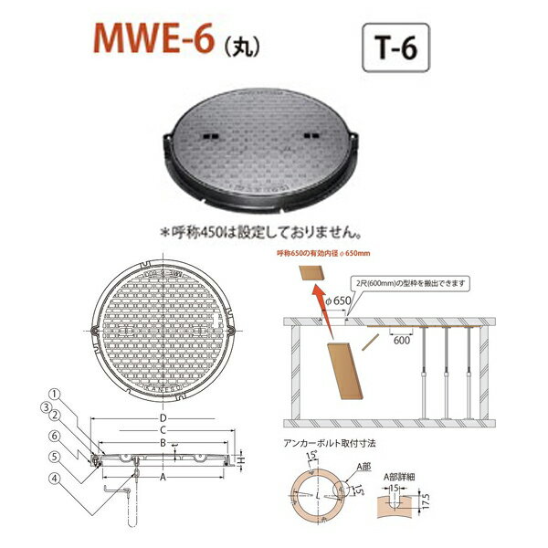 カネソウ マンホール・ハンドホール鉄蓋 密閉形（防水・防臭形） ボトルロック式 丸枠 MWE-6（丸） 650 a 鎖なし T-6