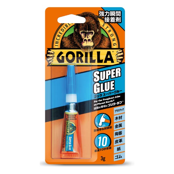 用途 各種工作、小物、アクセサリー、模型、置物、部品などの接着及び補修 特長 衝撃・振動に強い 液ダレしにくく作業しやすい 最速10秒接着 内部硬化を防ぐ特殊キャップ 使用できるもの ●プラスチック●木材●金属●陶器●皮革●紙●ゴム 保管方法 キャップをしっかりと閉めて、直射日光を避け、湿気の少ない涼しい所で保管する。●仕様・寸法については予告なく変更されることがあります。 ●画像はイメージです。代表画像を使用することがあります。 ●ご返品や、交換はできません。 ●沖縄県、離島、北海道は送料お見積りです。 関連商品 ●kure ゴリラ 強力ペースト接着剤 1783 ●kure ゴリラテープ ハンディ〈ブラック〉 1784 ●呉 ゴリラ エポキシパテ 56.7g NO.1781 1つ ●呉 ゴリラテープ エクストリーム ウォータープルーフ NO.1782 1つ ●ゴリラグルー クリア 1770 51ml ●ゴリラスーパーグルー 1771 3g ●ゴリラスーパーグルージェル 1772 3g ●ゴリラウッドグルー 1773 118ml ●ゴリラウッドグルー 1774 532ml ●ゴリラテープ シルバー 1775 幅48mmx長さ11mx厚さ0.43mm ●ゴリラテープ ブラック 1776 幅48mmx長さ11mx厚さ0.43mm ●ゴリラテープ ホワイト 1777 幅48mmx長さ9.1mx厚さ0.43mm ●ゴリラテープ クリスタルクリア 1778 幅48mmx長さ8.2mx厚さ0.18mm ●ゴリラ両面テープ ストロング 1779 幅25.4mmx長さ1.52mx厚さ1.1mm ●ゴリラ両面テープ クリア 1780 幅25.4mmx長さ1.52mx厚さ1.0mm ●呉 ゴリラテープ エクストリーム ウォータープルーフ NO.1782 1巻
