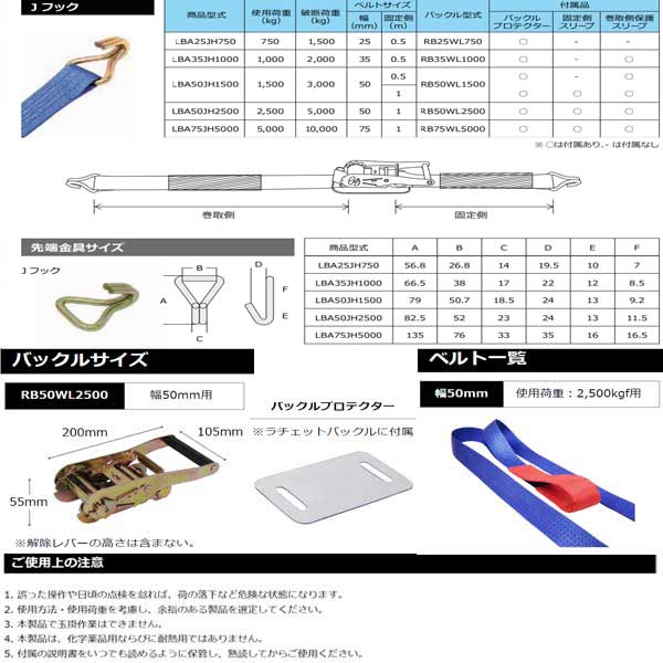 FREAK ラッシングベルト 青 Jフック 幅50mmx長1+9m 商品型式LBA50JH2500