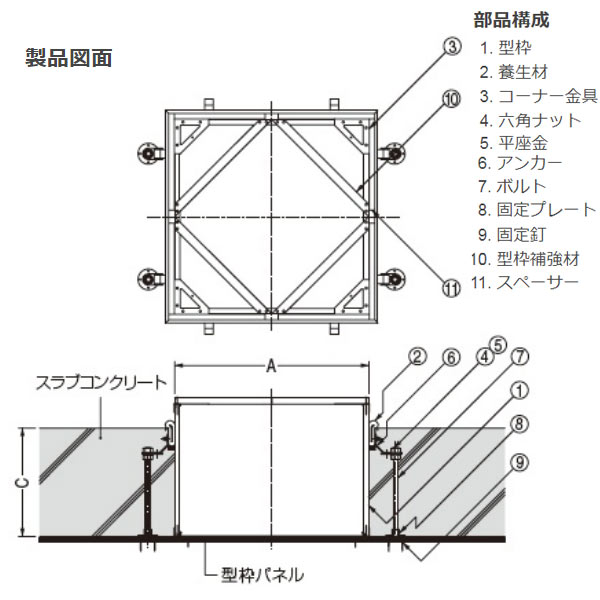 カネソウ フロアーハッチ用打込金具 RSV-7-600 C寸法120〜200mm 2