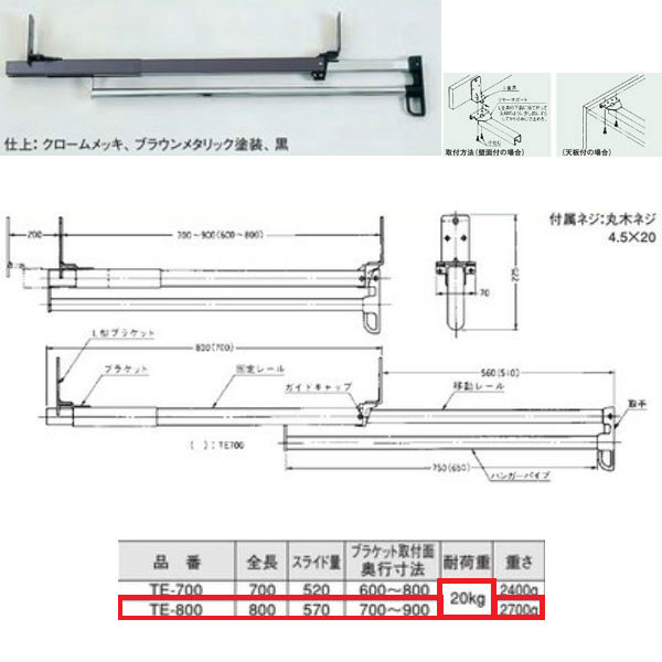 川喜金物 TE型 スライドコートハンガー(ツルスター) 800mm TE-800 66063