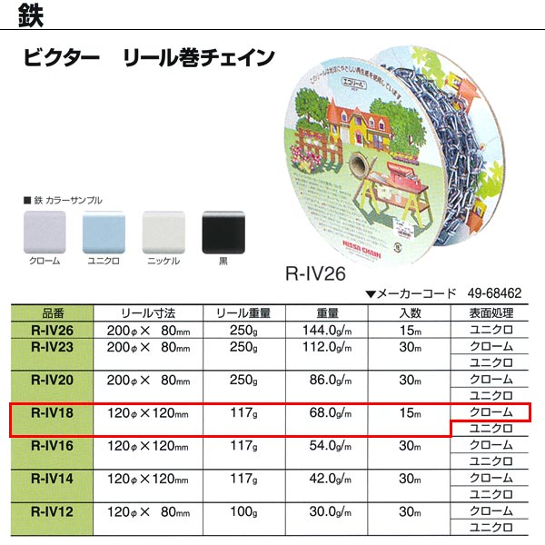 ニッサチェーン 鉄 ビクター クローム リール巻チェイン R-IV18 1.8mm×15m巻