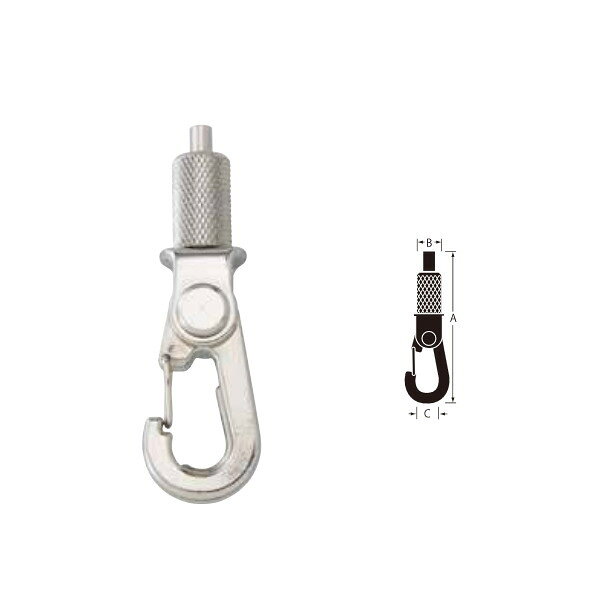 標準寸法：A64.0×B10.0×C8.0mm 1,000個の重量：31.000kg 適合ワイヤーロープ径／参考使用荷重 ・0.8mm／6.0kg ・1.0mm／8.0kg ・1.2mm／10.0kg ・1.5mm／15.0kg 材質：金具／C3602　フック／ZDC2 表面処理：ニッケル