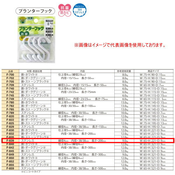 ニッサチェーン プランターフック F-839 ステンレス 65×221×7mm 5パック