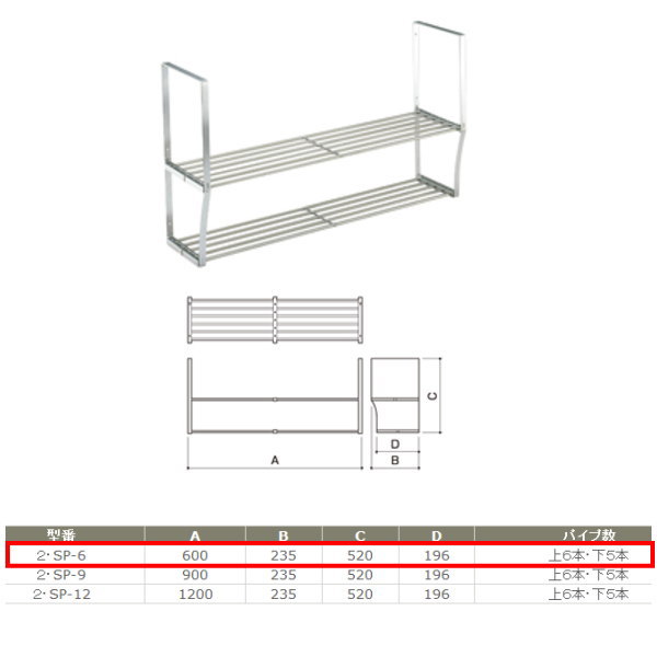 サヌキ ステンレス製 水切りパイプ棚 2・SP-6 2段タイプ 寸法：W600mm