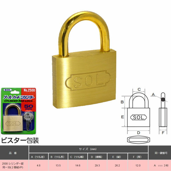 SOL HARD シリンダー南京錠 同一30 2個組VP ビスター包装 NO.2500