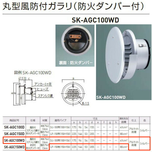 神栄ホームクリエイト 丸型風防付ガラリ 防火ダンパー付 水切付 ステンレス網付 アルミ製 シルバー SK-AGC100WD 1個
