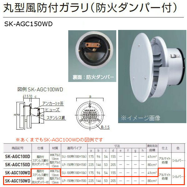 神栄ホームクリエイト 丸型風防付ガラリ 防火ダンパー付 水切付 ステンレス網付 アルミ製 シルバー SK-..