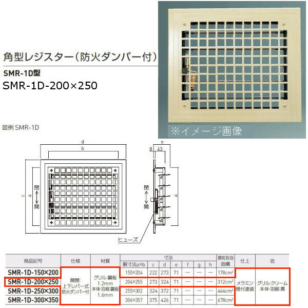 神栄ホームクリエイト 角型レジスター 防火ダンパー付 SMR-1D型 FE鋼板製 グリル/クリーム、本体/黒 SMR-1D-200×250 1個
