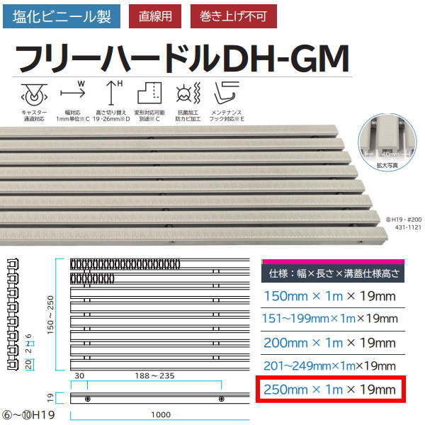 ミヅシマ 塩化ビニール製 フリーハードルDH-GM 431-1141 H19・#250 幅250mm×長さ1m×溝蓋仕様高さ19mm