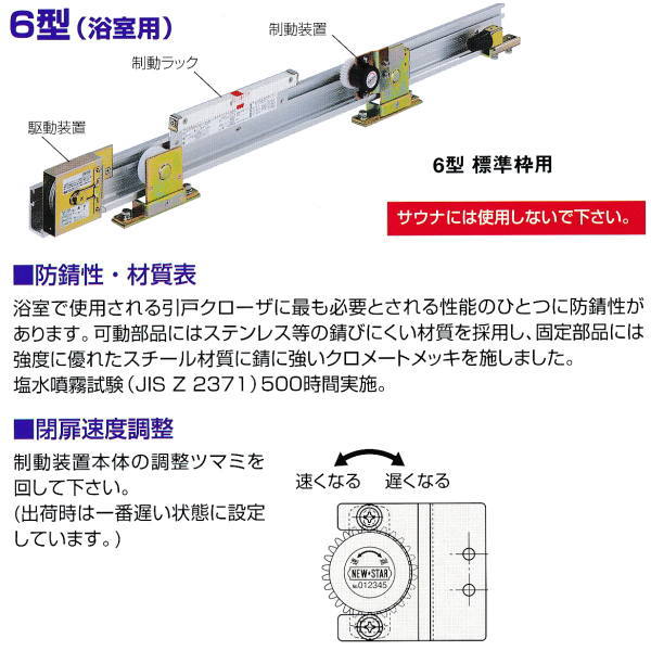 日本ドアチェック製造 ニュースター 引戸クローザ 6型（浴室用） 標準枠用 ストップなし 6型-3 ドア重量80kg以下