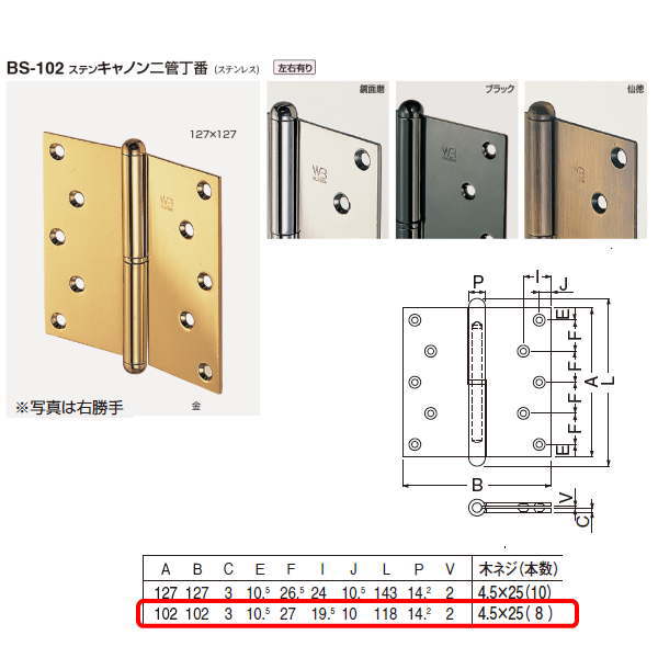 仕上げ：金 鏡面磨 仙徳 ブラック 木ネジ：4.5×25 8本 材質：ステンレス サイズ：102×102×3.0mm 箱の場合の入数（2）●仕様・寸法・デザインについては予告なく変更されることがあります。 ●画像はイメージです。代表画像を使用することがあります。 ●ご返品、交換、発注後のキャンセルはできません。 ●都度お取り寄せ発注のため突然の欠品等がありましたら連絡させていただきます。