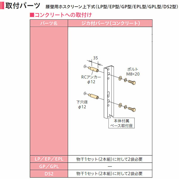 特長 　ジカ付けパーツ　コンクリート 対応品番　物干1セット（2本組）に対して2袋必要 　LP、EP、EPL 　DS2