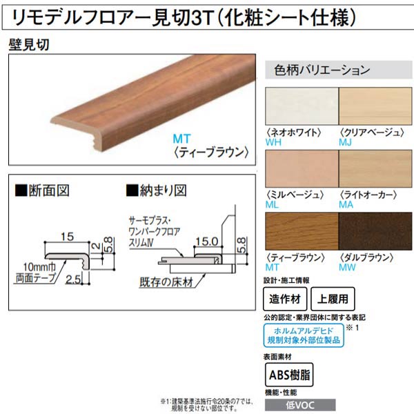 大建 リモデル造作材 リモデルフロアー 壁見切 3T 化粧シート仕様 1950mm 1梱（2本入） YR1521-●●-N