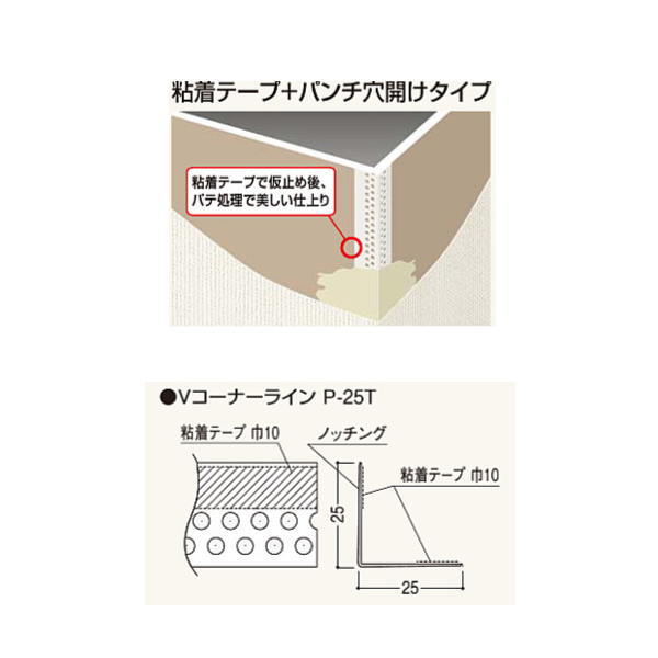 フクビ Vコーナーライン 粘着テープ＋パンチ穴明けタイプ P-25T 長さ：2.5m VP25T 100本入