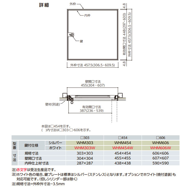 ナカ工業 壁点検口 ウォールハッチ WHM 鍵付タイプ WHM454 シルバー □450mm