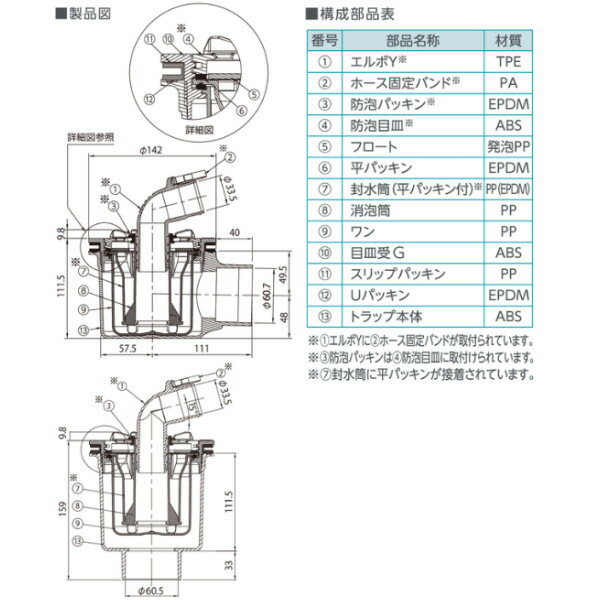 テクノテック 防水パン用排水トラップ/泡逆流防止機構付トラップ 本体透明 ニュー...