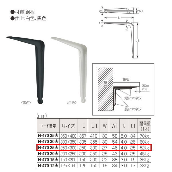 丸喜金属 イレブン棚受（鉄） N-470 25 サイズ250mm×300mm