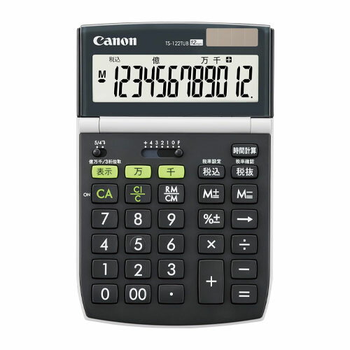 植物由来のバイオマス原料を採用し環境に配慮した12桁電卓。 大画面＆チルト式液晶の卓上電卓。 万、千などの大きな単位も一発入力＆表示。 画面の角度を、見やすく調整できます。 グリーン購入法適合。 エコマーク認定。 仕様・本体色 本体色(軸色)：ブラック 入数：1台 本体サイズ：幅108×奥167×高22mm 重量：172g 桁数：12桁 表示数字高：17mm 1メモリ 電源：太陽電池＋CR2032 表示部を自由な角度に調節できます エコマーク グリーン購入法●仕様・寸法・デザインについては予告なく変更されることがあります。 ●画像はイメージです。代表画像を使用することがあります。 ●ご返品、交換、発注後のキャンセルはできません。