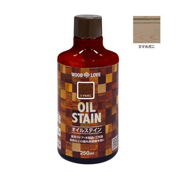 用途 　テーブル・イス・棚などの未塗装木製家具類、室内の窓枠・ドア・ 腰板などの未塗装木製建具類、工作品に。 ※旧塗膜がある場所は完全に取り除く必要があります。 木目の自然の美しさを生かした、鮮やかな着色仕上げができます。 木材に対して強い浸透性を持っており、「そまり」が非常によく、木目を荒らしません。 木材への浸透力に優れていますのでざらついた木材でも、ムラなく染めることができます。 上塗りには、「油性ウレタンニス」を推奨します。 「ラッカークリヤー」「水性ウレタンニス」「つや出しニス」「つや消しニス」は、色のにじみ出しを防ぐために、「セラックニス」を塗装してから、上塗りしてください。 【使用可能な素材】 木部 【種類】 油性塗料 【塗り面積目安(1回塗り)】 約4平米（タタミ約2.4枚分） 【うすめ方】 塗料の粘度が高く、塗りにくいときは、ペイントうすめ液で少しうすめてください。（目安：5％以内） 【乾燥時間】 約1時間●お支払い方法で代引きはできません。 ●ご返品、交換はできないです。 ●お時間指定はヤマト運輸が多いのでヤマト運輸の場合は12〜14時はできません。午前、14〜16時、16〜18時、18〜20時、20〜21時でお願いします。稀に違う運送会社の場合があります。なお運送会社のご指定は承れません。 関連商品 ●ニッペ オイルステイン 油性 125ml Sメープル ●ニッペ オイルステイン 油性 125ml Sけやき ●ニッペ オイルステイン 油性 125ml Sマホガニ ●ニッペ オイルステイン 油性 125ml Sエボニーブラック ●ニッペ オイルステイン 油性 125ml Sウォルナット ●ニッペ オイルステイン 油性 250ml Sメープル ●ニッペ オイルステイン 油性 250ml Sけやき ●ニッペ オイルステイン 油性 250ml Sマホガニ ●ニッペ オイルステイン 油性 250ml Sエボニーブラック ●ニッペ オイルステイン 油性 250ml Sウォルナット ●ニッペ オイルステイン 油性 750ml Sメープル ●ニッペ オイルステイン 油性 750ml Sけやき ●ニッペ オイルステイン 油性 750ml Sマホガニ ●ニッペ オイルステイン 油性 750ml Sエボニーブラック ●ニッペ オイルステイン 油性 750ml Sウォルナット ●ニッペ オイルステイン 油性 1L ウォルナツト ●ニッペ オイルステイン 油性 1L けやき ●ニッペ オイルステイン 油性 1L チーク ●ニッペ オイルステイン 油性 1L マホガニ ●ニッペ オイルステイン 油性 1L メープル ●ニッペ オイルステイン 油性 1L ワインレッド ●ニッペ オイルステイン 油性 4L けやき ●ニッペ オイルステイン 油性 4L ウォルナット ●ニッペ オイルステイン 油性 4L チーク ●ニッペ オイルステイン 油性 4L マホガニ ●ニッペ オイルステイン 油性 4L メープル