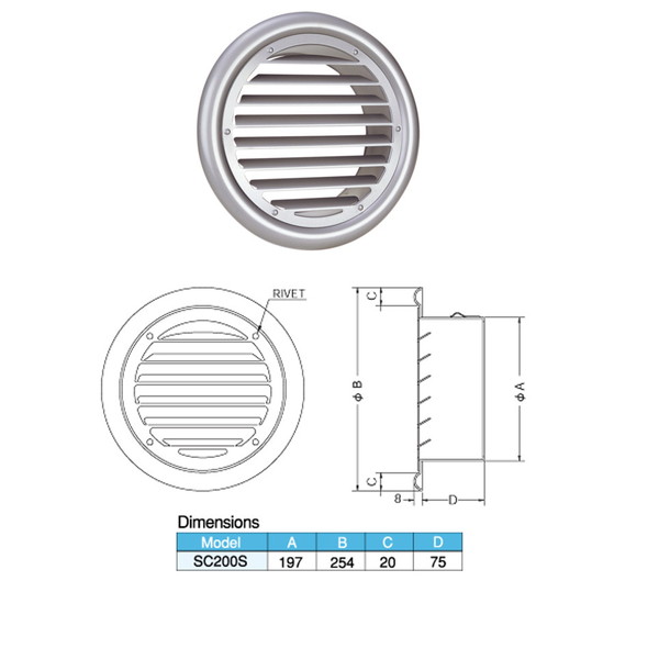 西邦工業 外壁用ステンレス製換気口 フラットグリル 内向ガラリ型 SC-200S