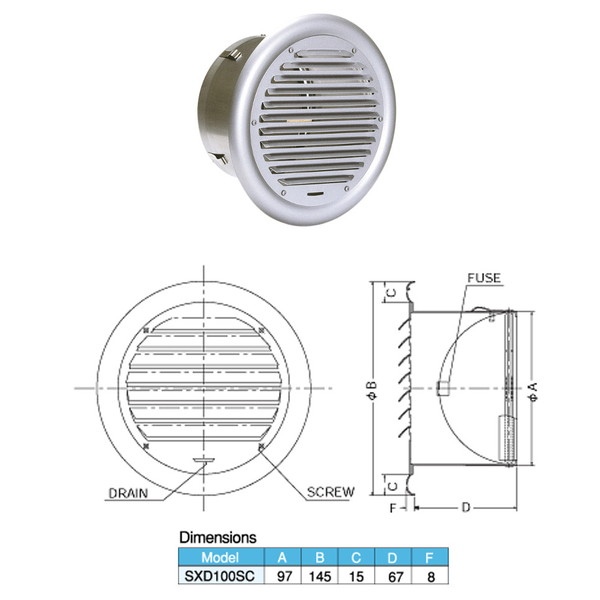 西邦工業 外壁用ステンレス製換気口 フラットグリル 外向ガラリ型 防火ダンパー付 SXD-100SC