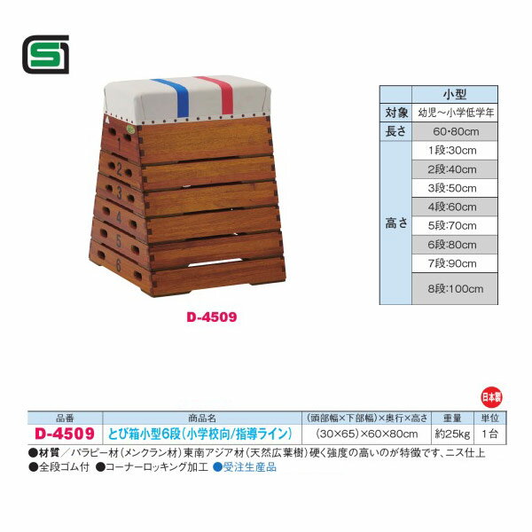 受注生産 ダンノ 幼児・低学年向 とび箱小型6段 （小学校向／指導ライン） D-4509 （頭部幅30×下部幅65）×奥行60×高さ80cm 日本製