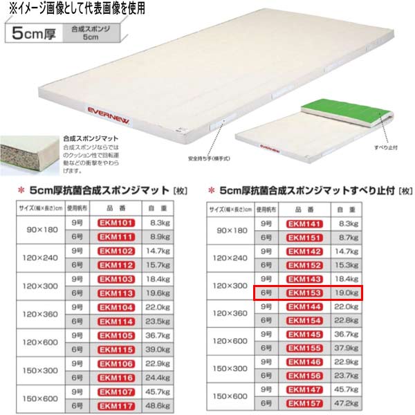 エバニュー 5cm厚 抗菌合成 スポンジマットすべり止付 EKM153 幅120×長300cm 6号帆布