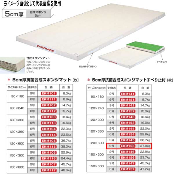 エバニュー 5cm厚 抗菌合成 スポンジマットすべり止付 EKM155 幅120×長600cm 6号帆布