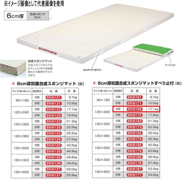 エバニュー 6cm厚 抗菌合成 スポンジマットすべり止付 EKM162 幅120×長240cm 9号帆布