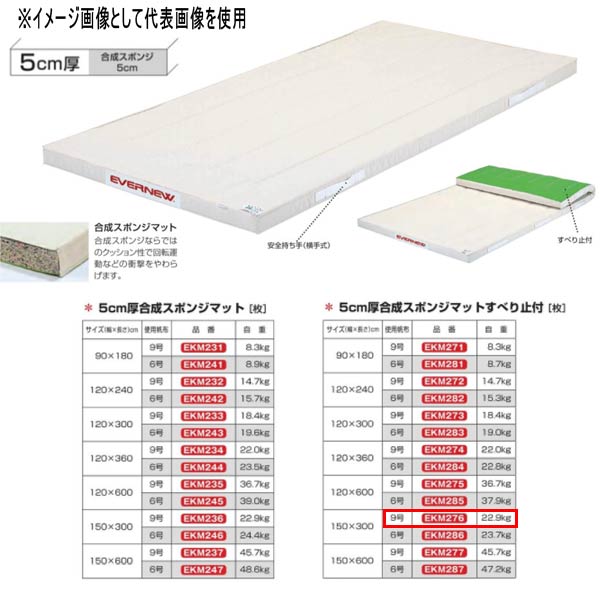 エバニュー 5cm厚合成スポンジマットすべり止付 EKM276 幅150×長300cm 9号帆布