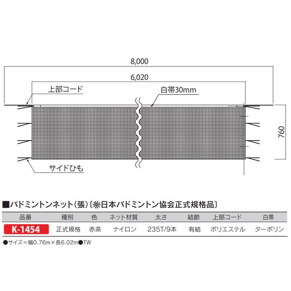 日本バドミントン協会正式規格品 サイズ：幅0.76m×長6.02m TW ネット材質：ナイロン 種別：正式規格 太さ：235T／9本 結節：有結 上部コード：ポリエステル 白帯：ターポリン●お支払い方法で代引きはできません。 ●量やタイミング、メーカー在庫状況によっては納期がかかります。 ●沖縄県、北海道、離島のお客様は送料都度別途お見積りとなります。 ●直送の場合メーカー指定便のため、運送会社のご選択はできません。 ●細かいお時間指定や夜間配送はできません。 ●日曜祝日配送ができない場合もあります。 ●発送前でも発送準備中であればご変更、キャンセルはできません。 ●画像はイメージです。