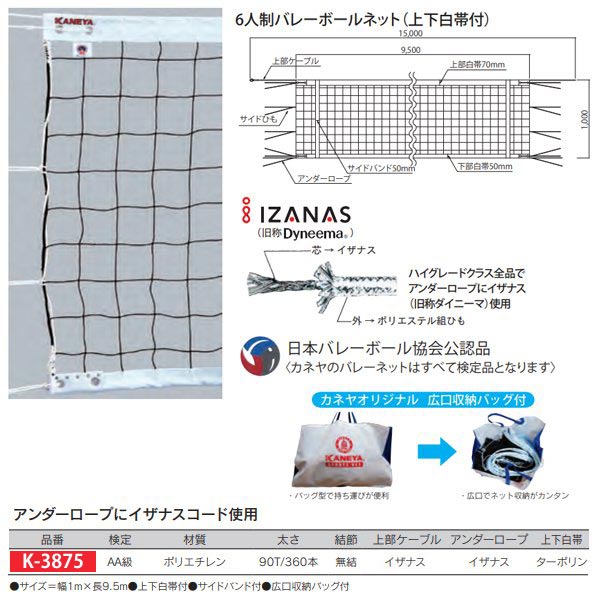 日本バレーボール協会検定品 サイズ：幅1m×長9.5m 上下白帯付 サイドバンド付 広口収納バッグ付 上部ケーブル：イザナス 検定：AA級 材質：ポリエチレン 太さ：90T／360本 結節：無結 アンダーロープ：イザナス 上下白帯：ターポリン●お支払い方法で代引きはできません。 ●量やタイミング、メーカー在庫状況によっては納期がかかります。 ●沖縄県、北海道、離島のお客様は送料都度別途お見積りとなります。 ●直送の場合メーカー指定便のため、運送会社のご選択はできません。 ●細かいお時間指定や夜間配送はできません。 ●日曜祝日配送ができない場合もあります。 ●発送前でも発送準備中であればご変更、キャンセルはできません。 ●画像はイメージです。