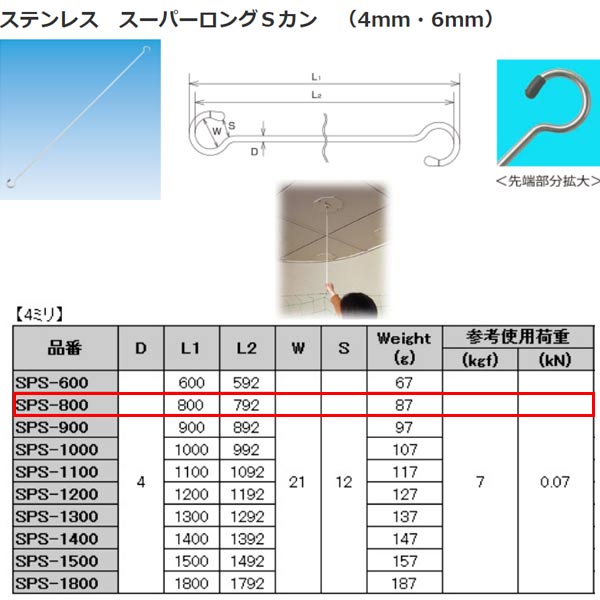 水本機械 スーパーロングSカン 4mm ステンレス SUS304 SPS-800
