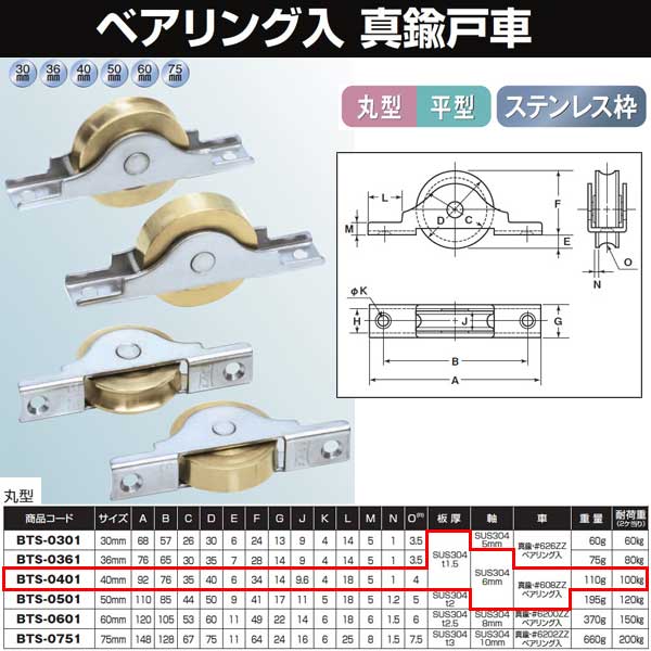 ヨコヅナ 真鍮戸車 ステン枠 ベアリング入 40 丸 BTS-0401