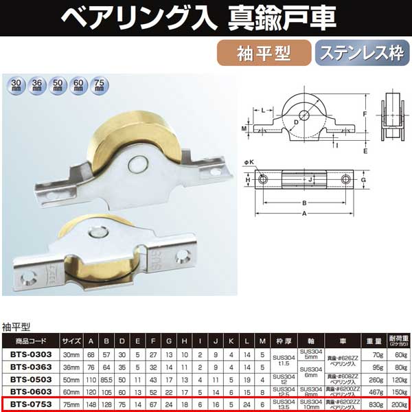 ヨコヅナ 真鍮戸車 ステン枠 ベアリング入 75 袖平 BTS-0753
