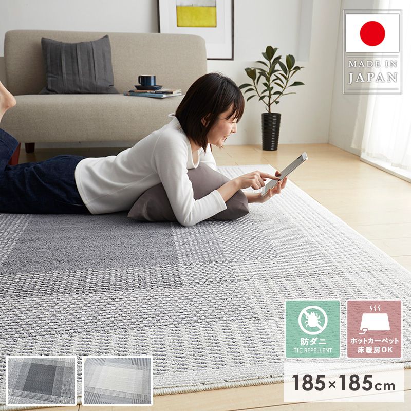 Loop Carpets - ラグ 洗える ラグマット 185×185 厚手 2畳 おしゃれ 北欧 グレー 日本製 手洗い 滑り止め付き ホットカーペット 床暖房対応 カーペット 防ダニ 赤ちゃん 柄 おすすめ 毛足が短い リビング フィルナス スミノエ works
