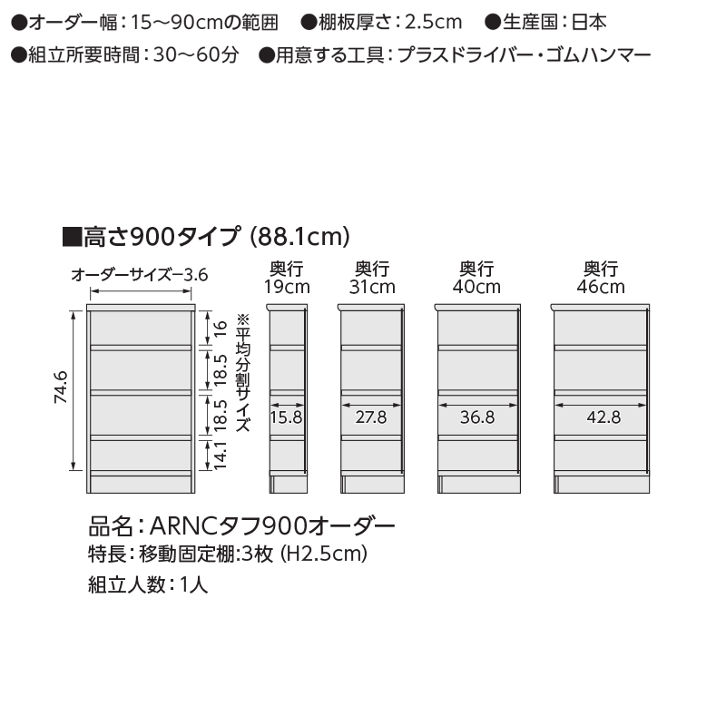 本棚 オーダー 棚 サイズオーダー (棚板 タフタイプ／奥行40cm ミディアムディープ...