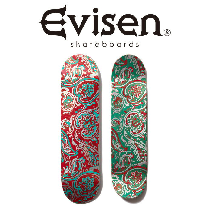 Evisen Skateboards (エヴィセン スケートボード)2026 SPRING COLLECTION ※デッキテープ貼り付けのご対応はお受け出来かねますので、予めご了承下さい。 EVISEN SKATEBOARDSより2026 SPRING 新作のデッキが登場。EVISEN TEAMモデル。 ■SIZE8 x 31.56(WB 14.00) ※サイズは商品によって若干の誤差が出る場合があります。 ★Evisen Skateboards 新作アイテム一覧はコチラ★ ★Evisen 以外にも取り扱いあります！ SKATEBOARD ITEM(スケートボードアイテム)一覧はコチラ★ 【Evisen Skateboards】 ★「Evisen Skateboards」DESIGNER: 南勝己。2011年に本格始動した国内スケートブランド「Evisen Skateboards」。 ブランド名でもある「Evisen」とは、"スケートボードが全て"であるという英語の「Everythig」から由来している。これまでに日本古来の伝統や文化を用いた他と一線を画す和物を取り入れたグラフィックワークや所縁の深いブランドやアーティストとのプロダクトを数多くリリース。 そのハイセンスなデザインはスケートの真骨頂でもあるデッキを始め、アパレル、グッズに至るまで精力的にリリースされ、今や世界的にも注目を集める。 ★丸山晋太郎氏や上野伸平氏ら国内トップレベルのスケーターがライダーとして名を連ね、東京を中心に全国でも活動しています。日本のスケートシーンの発信と活性化の存在となることをを期待されているブランドです。 ★日本文化を強く連想させるグラフィックやデザインを得意としデッキを中心にアパレルなど幅広いアイテムを展開し、その歴史とともに繋げてきた親交の深さから、2003年から続く東京のメンズストリートブランドのDELUXE(デラックス)や、日本を代表する写真家、森山大道氏、東京出身の音楽家・画家・デザイナー・スケーターたちによって構成されるミュージックレーベル兼クリエイター集団、HOLE AND HOLLAND(ホール・アンド・ホーランド)ADIDAS SKATEBOARDING など幅広いシーン、分野とのコラボレーションを展開する。★スケートブランドの根本でもあるデッキのクオリティーはデザイン、耐久性ともに大変クオリティーが高い。また自らが生粋のストリートスケーターであるデザイナーが生み出すアパレルは洗練された個性的なものが多く、日本文化を連想させる唯一無二なデザインを落とし込んだアウター、ジャケット、スウェット、パーカー、ロンTEETシャツやシルエット、ディテールにこだわったワイドパンツやシャツ、ニットキャップまで幅広くコーディネートに抜かりのないラインナップを毎シーズン展開している。 ★「TIGHT BOOTH PRODUCTION」(TBPR)のディレクターでもある上野伸平氏など国内トップレベルのスケーターをメンバーに加え、日本発信のスケボーブランドとして"SKATEBOARD = EVERYTHING"をモットーに掲げ活躍の場を広げている。その他チームライダーには、丸山晋太郎、今村昌良、宮原聖美、上原耕一郎、南勝己、ローレンス・キーフ、ショー・ウエストなど国内外で活躍をする精鋭が所属しています。 ★所属ライダーの出演するEVISEN VIDEOも人気でEVISENライダー陣のスキルはもちろん、色やクセといったスケートボードのエッセンスには欠かせないモノなどを最大限に引き出したカメラワークと編集技術は世界に誇れる内容となっております。Evisen Skateboards (エヴィセン スケートボード)PAISLEY RED TURQUOISE (TEAMモデル) INFORMATION 商品情報ブランド説明Evisen Skateboards (エヴィセン スケートボード)2026 SPRING COLLECTION※デッキテープ貼り付けのご対応はお受け出来かねますので、予めご了承下さい。EVISEN SKATEBOARDSより2026 SPRING 新作のデッキが登場。EVISEN TEAMモデル。DEEP CONCAVE■SIZE8 x 31.56(WB 14.00)※サイズは商品によって若干の誤差が出る場合があります。★Evisen Skateboards 新作アイテム一覧はコチラ★★Evisen 以外にも取り扱いあります！SKATEBOARD ITEM(スケートボードアイテム)一覧はコチラ★【Evisen Skateboards】★「Evisen Skateboards」DESIGNER: 南勝己。2011年に本格始動した国内スケートブランド「Evisen Skateboards」。ブランド名でもある「Evisen」とは、"スケートボードが全て"であるという英語の「Everythig」から由来している。これまでに日本古来の伝統や文化を用いた他と一線を画す和物を取り入れたグラフィックワークや所縁の深いブランドやアーティストとのプロダクトを数多くリリース。そのハイセンスなデザインはスケートの真骨頂でもあるデッキを始め、アパレル、グッズに至るまで精力的にリリースされ、今や世界的にも注目を集める。 ★丸山晋太郎氏や上野伸平氏ら国内トップレベルのスケーターがライダーとして名を連ね、東京を中心に全国でも活動しています。日本のスケートシーンの発信と活性化の存在となることをを期待されているブランドです。 ★日本文化を強く連想させるグラフィックやデザインを得意としデッキを中心にアパレルなど幅広いアイテムを展開し、その歴史とともに繋げてきた親交の深さから、2003年から続く東京のメンズストリートブランドのDELUXE(デラックス)や、日本を代表する写真家、森山大道氏、東京出身の音楽家・画家・デザイナー・スケーターたちによって構成されるミュージックレーベル兼クリエイター集団、HOLE AND HOLLAND(ホール・アンド・ホーランド)ADIDAS SKATEBOARDING など幅広いシーン、分野とのコラボレーションを展開する。★スケートブランドの根本でもあるデッキのクオリティーはデザイン、耐久性ともに大変クオリティーが高い。また自らが生粋のストリートスケーターであるデザイナーが生み出すアパレルは洗練された個性的なものが多く、日本文化を連想させる唯一無二なデザインを落とし込んだアウター、ジャケット、スウェット、パーカー、ロンTEETシャツやシルエット、ディテールにこだわったワイドパンツやシャツ、ニットキャップまで幅広くコーディネートに抜かりのないラインナップを毎シーズン展開している。 ★「TIGHT BOOTH PRODUCTION」(TBPR)のディレクターでもある上野伸平氏など国内トップレベルのスケーターをメンバーに加え、日本発信のスケボーブランドとして"SKATEBOARD = EVERYTHING"をモットーに掲げ活躍の場を広げている。その他チームライダーには、丸山晋太郎、今村昌良、宮原聖美、上原耕一郎、南勝己、ローレンス・キーフ、ショー・ウエストなど国内外で活躍をする精鋭が所属しています。 ★所属ライダーの出演するEVISEN VIDEOも人気でEVISENライダー陣のスキルはもちろん、色やクセといったスケートボードのエッセンスには欠かせないモノなどを最大限に引き出したカメラワークと編集技術は世界に誇れる内容となっております。SIZE8 x 31.56(WB 14.00)関連商品 【EVISEN】 Evisen Skateboards (エヴィセン スケートボード) TIGER IN THE SHINING NIGHT (KOTORA MITANIモデル) 【三谷小虎 モデル】【デッキ スケートボード スケボー】【エビセン スケートボード Evisen Skateboards ゑ インタープレイ INTERPLAY】13,200円【EVISEN】 Evisen Skateboards (エヴィセン スケートボード) THE SUNSET CAR (SHOR WESTモデル) 【ショー・ウェストモデル】【デッキ スケートボード スケボー】【エビセン スケートボード Evisen Skateboards ゑ インタープレイ INTERPLAY】13,200円【EVISEN】 Evisen Skateboards (エヴィセン スケートボード) RAT HOLDING SKULL (KENTO YOSHIOKAモデル) 【吉岡賢人 モデル】【デッキ スケートボード スケボー】【エビセン スケートボード Evisen Skateboards ゑ インタープレイ INTERPLAY】13,200円【EVISEN】 Evisen Skateboards (エヴィセン スケートボード) ORIZURU (チームモデル) 【デッキ スケートボード スケボー】【エビセン スケートボード Evisen Skateboards ゑ インタープレイ INTERPLAY】13,200円