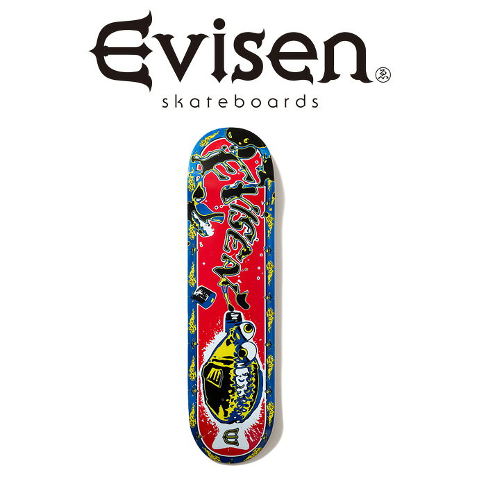 Evisen Skateboards (エヴィセン スケートボード)2026 SUMMER COLLECTION ※デッキテープ貼り付けのご対応はお受け出来かねますので、予めご了承下さい。 EVISEN SKATEBOARDSより2026 SUMMER 新作のデッキが登場。 ■SIZE8.06 x 31.38(WB 14.125) ※サイズは商品によって若干の誤差が出る場合があります。 ★Evisen Skateboards 新作アイテム一覧はコチラ★ ★Evisen 以外にも取り扱いあります！ SKATEBOARD ITEM(スケートボードアイテム)一覧はコチラ★ 【Evisen Skateboards】 ★「Evisen Skateboards」DESIGNER: 南勝己。2011年に本格始動した国内スケートブランド「Evisen Skateboards」。 ブランド名でもある「Evisen」とは、"スケートボードが全て"であるという英語の「Everythig」から由来している。これまでに日本古来の伝統や文化を用いた他と一線を画す和物を取り入れたグラフィックワークや所縁の深いブランドやアーティストとのプロダクトを数多くリリース。 そのハイセンスなデザインはスケートの真骨頂でもあるデッキを始め、アパレル、グッズに至るまで精力的にリリースされ、今や世界的にも注目を集める。 ★丸山晋太郎氏や上野伸平氏ら国内トップレベルのスケーターがライダーとして名を連ね、東京を中心に全国でも活動しています。日本のスケートシーンの発信と活性化の存在となることをを期待されているブランドです。 ★日本文化を強く連想させるグラフィックやデザインを得意としデッキを中心にアパレルなど幅広いアイテムを展開し、その歴史とともに繋げてきた親交の深さから、2003年から続く東京のメンズストリートブランドのDELUXE(デラックス)や、日本を代表する写真家、森山大道氏、東京出身の音楽家・画家・デザイナー・スケーターたちによって構成されるミュージックレーベル兼クリエイター集団、HOLE AND HOLLAND(ホール・アンド・ホーランド)ADIDAS SKATEBOARDING など幅広いシーン、分野とのコラボレーションを展開する。★スケートブランドの根本でもあるデッキのクオリティーはデザイン、耐久性ともに大変クオリティーが高い。また自らが生粋のストリートスケーターであるデザイナーが生み出すアパレルは洗練された個性的なものが多く、日本文化を連想させる唯一無二なデザインを落とし込んだアウター、ジャケット、スウェット、パーカー、ロンTEETシャツやシルエット、ディテールにこだわったワイドパンツやシャツ、ニットキャップまで幅広くコーディネートに抜かりのないラインナップを毎シーズン展開している。 ★「TIGHT BOOTH PRODUCTION」(TBPR)のディレクターでもある上野伸平氏など国内トップレベルのスケーターをメンバーに加え、日本発信のスケボーブランドとして"SKATEBOARD = EVERYTHING"をモットーに掲げ活躍の場を広げている。その他チームライダーには、丸山晋太郎、今村昌良、宮原聖美、上原耕一郎、南勝己、ローレンス・キーフ、ショー・ウエストなど国内外で活躍をする精鋭が所属しています。 ★所属ライダーの出演するEVISEN VIDEOも人気でEVISENライダー陣のスキルはもちろん、色やクセといったスケートボードのエッセンスには欠かせないモノなどを最大限に引き出したカメラワークと編集技術は世界に誇れる内容となっております。Evisen Skateboards (エヴィセン スケートボード)SAUCE FISH INFORMATION 商品情報ブランド説明Evisen Skateboards (エヴィセン スケートボード)2026 SUMMER COLLECTION※デッキテープ貼り付けのご対応はお受け出来かねますので、予めご了承下さい。EVISEN SKATEBOARDSより2026 SUMMER 新作のデッキが登場。■SIZE8.06 x 31.38(WB 14.125)※サイズは商品によって若干の誤差が出る場合があります。★Evisen Skateboards 新作アイテム一覧はコチラ★★Evisen 以外にも取り扱いあります！SKATEBOARD ITEM(スケートボードアイテム)一覧はコチラ★【Evisen Skateboards】★「Evisen Skateboards」DESIGNER: 南勝己。2011年に本格始動した国内スケートブランド「Evisen Skateboards」。ブランド名でもある「Evisen」とは、"スケートボードが全て"であるという英語の「Everythig」から由来している。これまでに日本古来の伝統や文化を用いた他と一線を画す和物を取り入れたグラフィックワークや所縁の深いブランドやアーティストとのプロダクトを数多くリリース。そのハイセンスなデザインはスケートの真骨頂でもあるデッキを始め、アパレル、グッズに至るまで精力的にリリースされ、今や世界的にも注目を集める。 ★丸山晋太郎氏や上野伸平氏ら国内トップレベルのスケーターがライダーとして名を連ね、東京を中心に全国でも活動しています。日本のスケートシーンの発信と活性化の存在となることをを期待されているブランドです。 ★日本文化を強く連想させるグラフィックやデザインを得意としデッキを中心にアパレルなど幅広いアイテムを展開し、その歴史とともに繋げてきた親交の深さから、2003年から続く東京のメンズストリートブランドのDELUXE(デラックス)や、日本を代表する写真家、森山大道氏、東京出身の音楽家・画家・デザイナー・スケーターたちによって構成されるミュージックレーベル兼クリエイター集団、HOLE AND HOLLAND(ホール・アンド・ホーランド)ADIDAS SKATEBOARDING など幅広いシーン、分野とのコラボレーションを展開する。★スケートブランドの根本でもあるデッキのクオリティーはデザイン、耐久性ともに大変クオリティーが高い。また自らが生粋のストリートスケーターであるデザイナーが生み出すアパレルは洗練された個性的なものが多く、日本文化を連想させる唯一無二なデザインを落とし込んだアウター、ジャケット、スウェット、パーカー、ロンTEETシャツやシルエット、ディテールにこだわったワイドパンツやシャツ、ニットキャップまで幅広くコーディネートに抜かりのないラインナップを毎シーズン展開している。 ★「TIGHT BOOTH PRODUCTION」(TBPR)のディレクターでもある上野伸平氏など国内トップレベルのスケーターをメンバーに加え、日本発信のスケボーブランドとして"SKATEBOARD = EVERYTHING"をモットーに掲げ活躍の場を広げている。その他チームライダーには、丸山晋太郎、今村昌良、宮原聖美、上原耕一郎、南勝己、ローレンス・キーフ、ショー・ウエストなど国内外で活躍をする精鋭が所属しています。 ★所属ライダーの出演するEVISEN VIDEOも人気でEVISENライダー陣のスキルはもちろん、色やクセといったスケートボードのエッセンスには欠かせないモノなどを最大限に引き出したカメラワークと編集技術は世界に誇れる内容となっております。SIZE8.25 x 31.50(WB 14.00)関連商品 【EVISEN】 Evisen Skateboards (エヴィセン スケートボード) TIGER IN THE SHINING NIGHT (KOTORA MITANIモデル) 【三谷小虎 モデル】【デッキ スケートボード スケボー】【エビセン スケートボード Evisen Skateboards ゑ インタープレイ INTERPLAY】13,200円【EVISEN】 Evisen Skateboards (エヴィセン スケートボード) THE SUNSET CAR (SHOR WESTモデル) 【ショー・ウェストモデル】【デッキ スケートボード スケボー】【エビセン スケートボード Evisen Skateboards ゑ インタープレイ INTERPLAY】13,200円【EVISEN】 Evisen Skateboards (エヴィセン スケートボード) RAT HOLDING SKULL (KENTO YOSHIOKAモデル) 【吉岡賢人 モデル】【デッキ スケートボード スケボー】【エビセン スケートボード Evisen Skateboards ゑ インタープレイ INTERPLAY】13,200円【EVISEN】 Evisen Skateboards (エヴィセン スケートボード) ORIZURU (チームモデル) 【デッキ スケートボード スケボー】【エビセン スケートボード Evisen Skateboards ゑ インタープレイ INTERPLAY】13,200円
