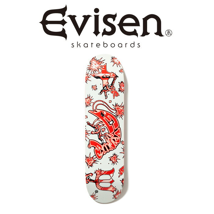 Evisen Skateboards (エヴィセン スケートボード)2026 SUMMER COLLECTION ※デッキテープ貼り付けのご対応はお受け出来かねますので、予めご了承下さい。 EVISEN SKATEBOARDSより2026 SUMMER 新作のデッキが登場。 ■SIZE8.125 x 31.75(WB 14.25) ※サイズは商品によって若干の誤差が出る場合があります。 ★Evisen Skateboards 新作アイテム一覧はコチラ★ ★Evisen 以外にも取り扱いあります！ SKATEBOARD ITEM(スケートボードアイテム)一覧はコチラ★ 【Evisen Skateboards】 ★「Evisen Skateboards」DESIGNER: 南勝己。2011年に本格始動した国内スケートブランド「Evisen Skateboards」。 ブランド名でもある「Evisen」とは、"スケートボードが全て"であるという英語の「Everythig」から由来している。これまでに日本古来の伝統や文化を用いた他と一線を画す和物を取り入れたグラフィックワークや所縁の深いブランドやアーティストとのプロダクトを数多くリリース。 そのハイセンスなデザインはスケートの真骨頂でもあるデッキを始め、アパレル、グッズに至るまで精力的にリリースされ、今や世界的にも注目を集める。 ★丸山晋太郎氏や上野伸平氏ら国内トップレベルのスケーターがライダーとして名を連ね、東京を中心に全国でも活動しています。日本のスケートシーンの発信と活性化の存在となることをを期待されているブランドです。 ★日本文化を強く連想させるグラフィックやデザインを得意としデッキを中心にアパレルなど幅広いアイテムを展開し、その歴史とともに繋げてきた親交の深さから、2003年から続く東京のメンズストリートブランドのDELUXE(デラックス)や、日本を代表する写真家、森山大道氏、東京出身の音楽家・画家・デザイナー・スケーターたちによって構成されるミュージックレーベル兼クリエイター集団、HOLE AND HOLLAND(ホール・アンド・ホーランド)ADIDAS SKATEBOARDING など幅広いシーン、分野とのコラボレーションを展開する。★スケートブランドの根本でもあるデッキのクオリティーはデザイン、耐久性ともに大変クオリティーが高い。また自らが生粋のストリートスケーターであるデザイナーが生み出すアパレルは洗練された個性的なものが多く、日本文化を連想させる唯一無二なデザインを落とし込んだアウター、ジャケット、スウェット、パーカー、ロンTEETシャツやシルエット、ディテールにこだわったワイドパンツやシャツ、ニットキャップまで幅広くコーディネートに抜かりのないラインナップを毎シーズン展開している。 ★「TIGHT BOOTH PRODUCTION」(TBPR)のディレクターでもある上野伸平氏など国内トップレベルのスケーターをメンバーに加え、日本発信のスケボーブランドとして"SKATEBOARD = EVERYTHING"をモットーに掲げ活躍の場を広げている。その他チームライダーには、丸山晋太郎、今村昌良、宮原聖美、上原耕一郎、南勝己、ローレンス・キーフ、ショー・ウエストなど国内外で活躍をする精鋭が所属しています。 ★所属ライダーの出演するEVISEN VIDEOも人気でEVISENライダー陣のスキルはもちろん、色やクセといったスケートボードのエッセンスには欠かせないモノなどを最大限に引き出したカメラワークと編集技術は世界に誇れる内容となっております。Evisen Skateboards (エヴィセン スケートボード)Mr. SHRIMP INFORMATION 商品情報ブランド説明Evisen Skateboards (エヴィセン スケートボード)2026 SUMMER COLLECTION※デッキテープ貼り付けのご対応はお受け出来かねますので、予めご了承下さい。EVISEN SKATEBOARDSより2026 SUMMER 新作のデッキが登場。■SIZE8.125 x 31.75(WB 14.25)※サイズは商品によって若干の誤差が出る場合があります。★Evisen Skateboards 新作アイテム一覧はコチラ★★Evisen 以外にも取り扱いあります！SKATEBOARD ITEM(スケートボードアイテム)一覧はコチラ★【Evisen Skateboards】★「Evisen Skateboards」DESIGNER: 南勝己。2011年に本格始動した国内スケートブランド「Evisen Skateboards」。ブランド名でもある「Evisen」とは、"スケートボードが全て"であるという英語の「Everythig」から由来している。これまでに日本古来の伝統や文化を用いた他と一線を画す和物を取り入れたグラフィックワークや所縁の深いブランドやアーティストとのプロダクトを数多くリリース。そのハイセンスなデザインはスケートの真骨頂でもあるデッキを始め、アパレル、グッズに至るまで精力的にリリースされ、今や世界的にも注目を集める。 ★丸山晋太郎氏や上野伸平氏ら国内トップレベルのスケーターがライダーとして名を連ね、東京を中心に全国でも活動しています。日本のスケートシーンの発信と活性化の存在となることをを期待されているブランドです。 ★日本文化を強く連想させるグラフィックやデザインを得意としデッキを中心にアパレルなど幅広いアイテムを展開し、その歴史とともに繋げてきた親交の深さから、2003年から続く東京のメンズストリートブランドのDELUXE(デラックス)や、日本を代表する写真家、森山大道氏、東京出身の音楽家・画家・デザイナー・スケーターたちによって構成されるミュージックレーベル兼クリエイター集団、HOLE AND HOLLAND(ホール・アンド・ホーランド)ADIDAS SKATEBOARDING など幅広いシーン、分野とのコラボレーションを展開する。★スケートブランドの根本でもあるデッキのクオリティーはデザイン、耐久性ともに大変クオリティーが高い。また自らが生粋のストリートスケーターであるデザイナーが生み出すアパレルは洗練された個性的なものが多く、日本文化を連想させる唯一無二なデザインを落とし込んだアウター、ジャケット、スウェット、パーカー、ロンTEETシャツやシルエット、ディテールにこだわったワイドパンツやシャツ、ニットキャップまで幅広くコーディネートに抜かりのないラインナップを毎シーズン展開している。 ★「TIGHT BOOTH PRODUCTION」(TBPR)のディレクターでもある上野伸平氏など国内トップレベルのスケーターをメンバーに加え、日本発信のスケボーブランドとして"SKATEBOARD = EVERYTHING"をモットーに掲げ活躍の場を広げている。その他チームライダーには、丸山晋太郎、今村昌良、宮原聖美、上原耕一郎、南勝己、ローレンス・キーフ、ショー・ウエストなど国内外で活躍をする精鋭が所属しています。 ★所属ライダーの出演するEVISEN VIDEOも人気でEVISENライダー陣のスキルはもちろん、色やクセといったスケートボードのエッセンスには欠かせないモノなどを最大限に引き出したカメラワークと編集技術は世界に誇れる内容となっております。SIZE8.125 x 31.75(WB 14.25)関連商品 【EVISEN】 Evisen Skateboards (エヴィセン スケートボード) TIGER IN THE SHINING NIGHT (KOTORA MITANIモデル) 【三谷小虎 モデル】【デッキ スケートボード スケボー】【エビセン スケートボード Evisen Skateboards ゑ インタープレイ INTERPLAY】13,200円【EVISEN】 Evisen Skateboards (エヴィセン スケートボード) THE SUNSET CAR (SHOR WESTモデル) 【ショー・ウェストモデル】【デッキ スケートボード スケボー】【エビセン スケートボード Evisen Skateboards ゑ インタープレイ INTERPLAY】13,200円【EVISEN】 Evisen Skateboards (エヴィセン スケートボード) RAT HOLDING SKULL (KENTO YOSHIOKAモデル) 【吉岡賢人 モデル】【デッキ スケートボード スケボー】【エビセン スケートボード Evisen Skateboards ゑ インタープレイ INTERPLAY】13,200円【EVISEN】 Evisen Skateboards (エヴィセン スケートボード) ORIZURU (チームモデル) 【デッキ スケートボード スケボー】【エビセン スケートボード Evisen Skateboards ゑ インタープレイ INTERPLAY】13,200円
