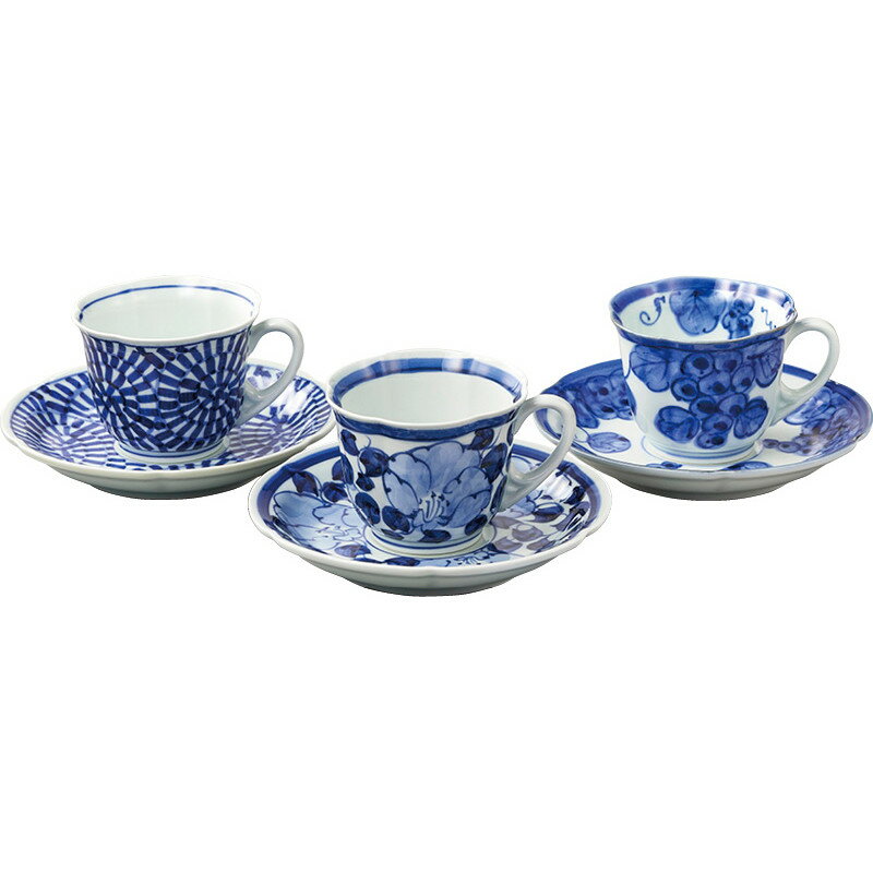 波佐見焼　林千作古伊万里　青磁絵珈琲三ツ組珈琲碗皿揃　　B9141-097