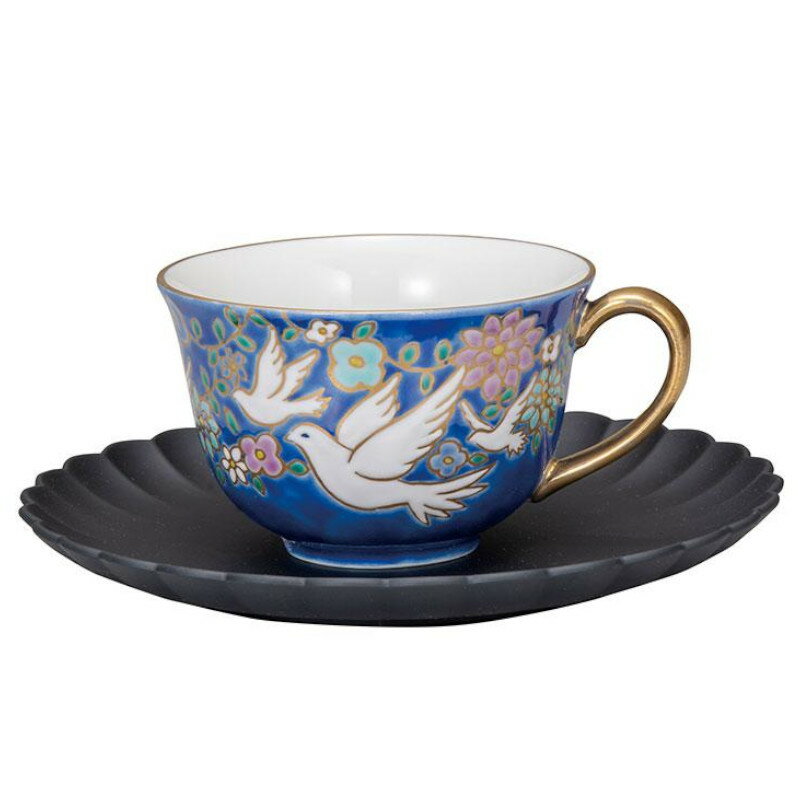 【代引不可】　　【九谷焼】　カップ＆ソーサー・白鳩　（ソーサー：山中漆器）　　K9-3062