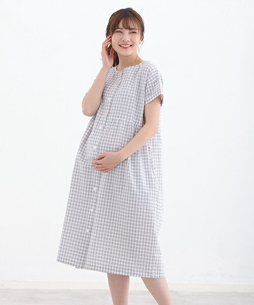 犬印本舗 綿100% 半袖 マタニティワンピース ネグリジェ サッカー 前開き | 産前 産後 授乳服 ギンガム チェック ストライプ 夏 授乳パジャマ マタニティ— パジャマ マタニティ ワンピース コットン 授乳 ルームウェア 妊娠 出産 妊婦 授乳口付き 入院 かわいい 着心地 2
