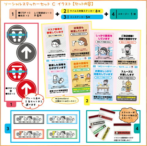 ソーシャルステッカーセット C イラスト ／ ソーシャルディスタンスシール レジ誘導 床誘導シート フットマーカー グレー 赤 マスク着用 アルコール消毒 お願い 換気 感染予防 ステッカー お得 お試しセット