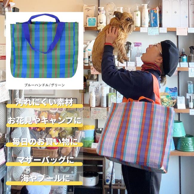 Tote Bag Type - PVCマーケットバッグ ブルーハンドル/グリーン　人気のトートバッグ！！ビビットなカラーがファッションにワンポイントにもなるキュートなデザイン　bag アウトドア エコバッグ マザーバッグ