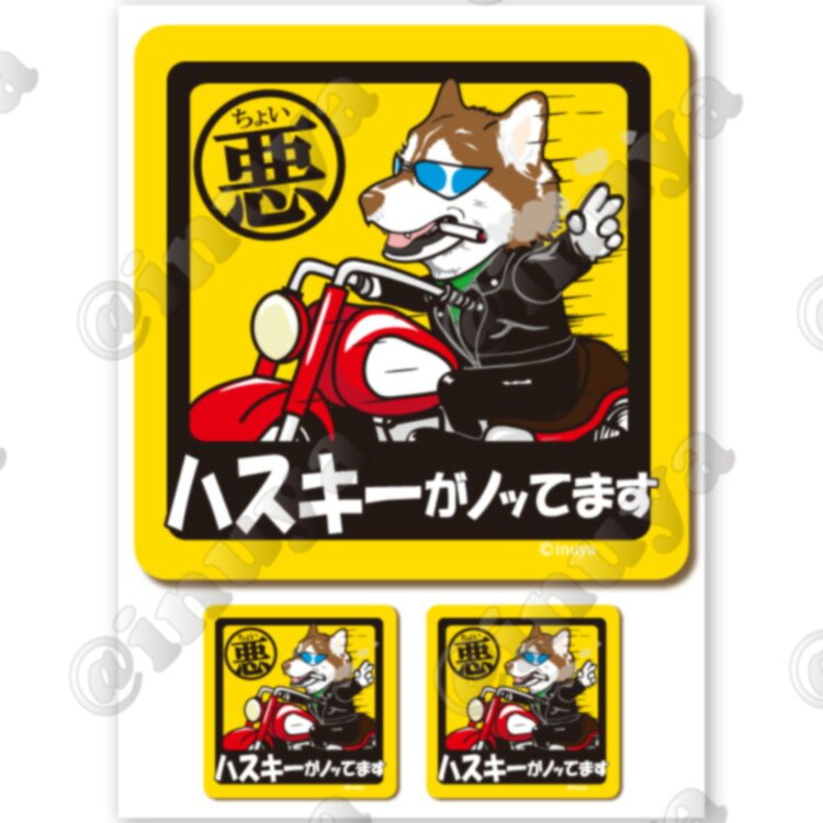 【 ちょい悪 シベリアンハスキー ステッカー 正方形 （大1枚・小2枚セット） 】 雑貨 グッズ 犬が乗ってます ドッグ シール 大型犬 ハスキー 犬 車 バイク スーツケース 給油口 傷 隠し などに おしゃれ な 犬屋 オリジナル ステッカー 3