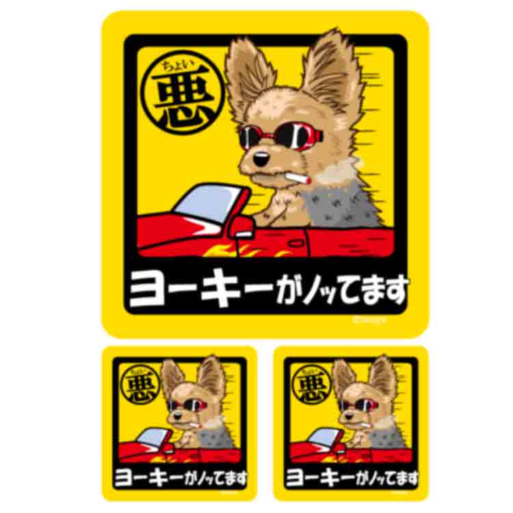 【 ちょい悪 ヨークシャーテリア ステッカー 正方形 （大1枚・小2枚セット） 】 犬が乗ってます ドッグ..