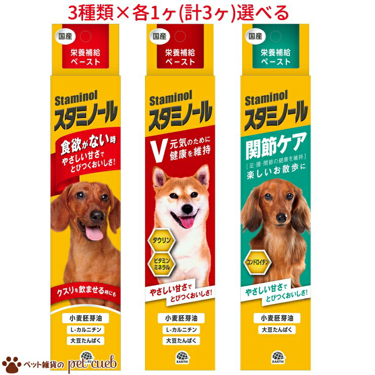 犬用 スタミノール 100g シリーズ 3種類の中から3種類×各1ヶ選べる(計3ヶ) 食欲がないときに 関節ケア スタミノールV アースーペット 栄養補給 栄養補完食 健康維持 水分補給 やさしい甘さ チューブ 送料無料 キャンセル/返品不可